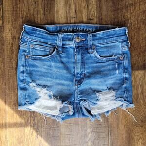 American Eagle Women High Rise Distressed Denim Shortie Jean Shorts - 00